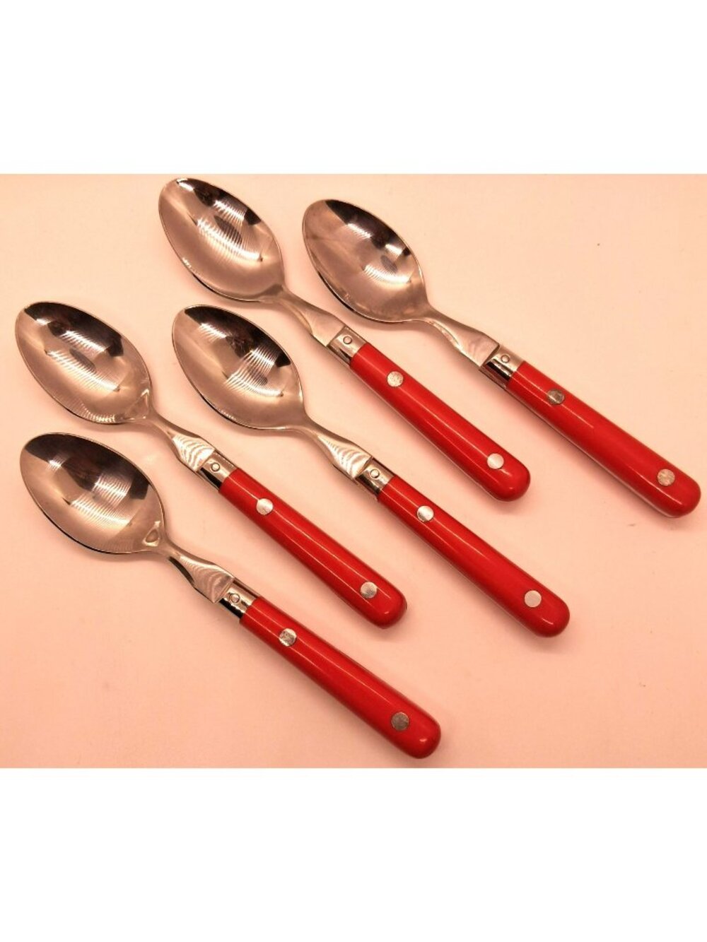 Set Of 5 Vintage Tea Spoons Red Handled Stainless Steel Made In Korea